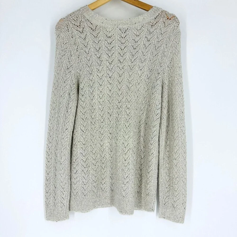 Talbots Gray Silver Metallic Sequin Embellished Long Sleeve Crew Neck Sweater M - Picture 2 of 8